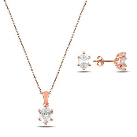 Silverlina Gümüş Oval Zirkon Taşlı Tektaş Set