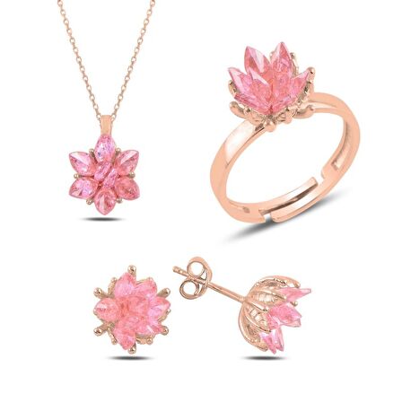 Silverlina Gümüş Lotus Çiçeği Pembe Zirkon Taşlı Set
