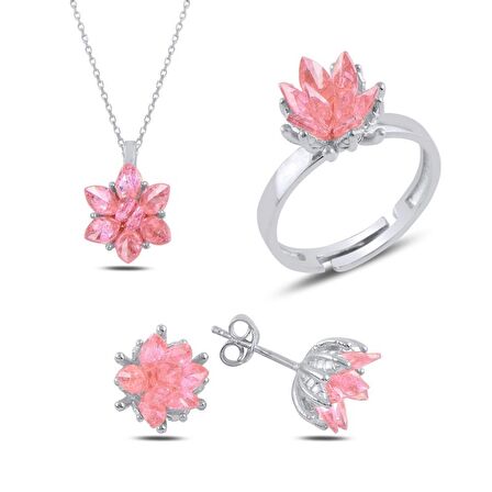 Silverlina Gümüş Lotus Çiçeği Pembe Zirkon Taşlı Set