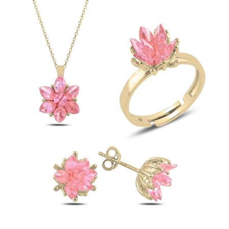 Silverlina Gümüş Lotus Çiçeği Pembe Zirkon Taşlı Set