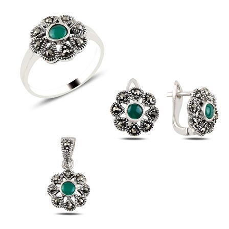 Silverlina Gümüş Yeşil Akik & Markazit Taşlı Set