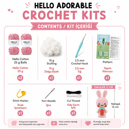 BakGelAl Hello Adorable Tavşan Dostlar Amigurumi Yapım Seti – 2 Tavşan Figürü, Tığ ve İplik Dahil