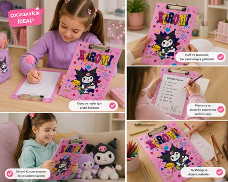BakGelAl Sanrio Lisanslı Kuromi Sekreterlik A4 Boy Metal Klipsli Evrak Tutucu Yazı Altlığı Pembe - Renk: Pembe