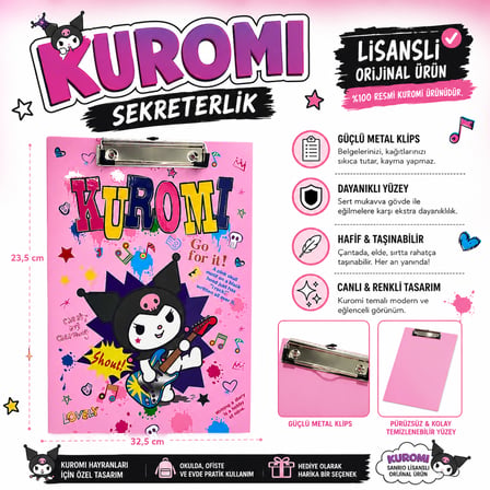 BakGelAl Sanrio Lisanslı Kuromi Sekreterlik A4 Boy Metal Klipsli Evrak Tutucu Yazı Altlığı Pembe - Renk: Pembe