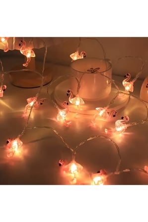 Pembe Flamingo Figürlü 10 lu LED Işık Zinciri, Dekoratif Aydınlatma, Oda, Parti, Yılbaşı Işığı