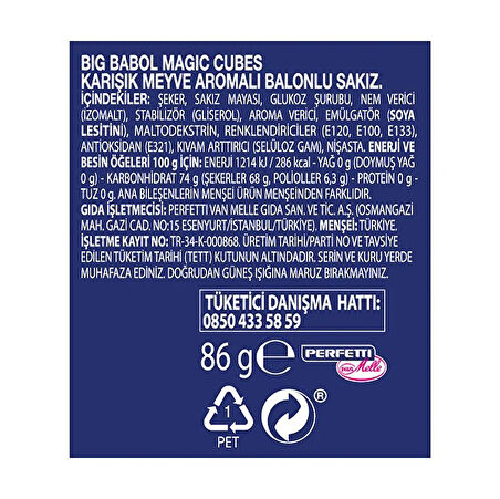 Big Babol Magic Cubes  Karışık Meyve Aromalı Balonlu Sakız Büyük Boy 86 g (2 ADET)