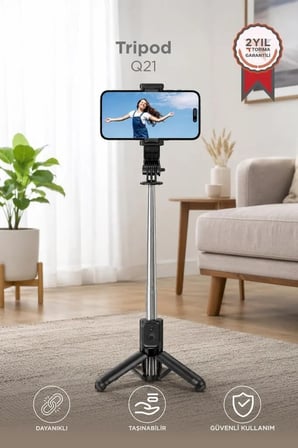 Tripod Çok Amaçlı Entegre Selfie Çubuğu Q21 Siyah Telefon Standı Video Aparatı Mobil Tutucu