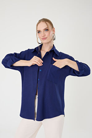 Tek Cepli Oversize Keten Gömlek- Lacivert