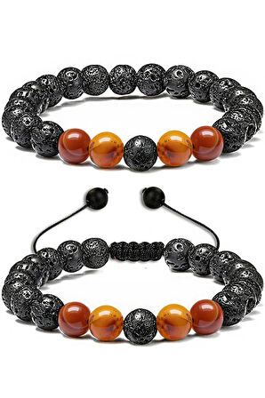 Sertifikalı Doğal Turuncu Akik Taşı Volkan Lav Taşı Doğal Taş Bileklik Seti