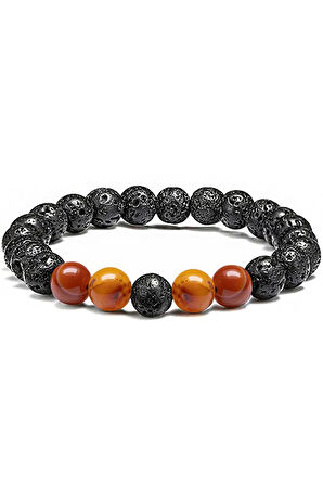 Sertifikalı Doğal Turuncu Akik Taşı Volkan Lav Taşı Doğal Taş Bileklik Seti