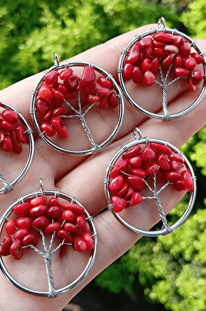 Sertifikalı Doğal Kırmızı Mercan Taşı Hayat Ağacı Kolye