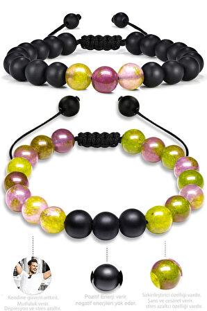 Sertifikalı Doğal Yeşil Yosun Akik Oniks Taşı Doğal Taş Bileklik Seti