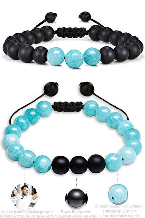 Sertifikalı Makrome Akuamarin Taşı Doğal Taş Bileklik Seti