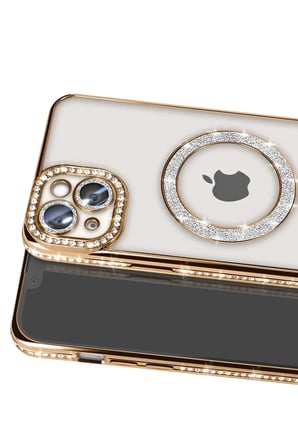 Newface Apple iPhone 14 Kılıf Joke Simli Magneticsafe Kılıf - Gold