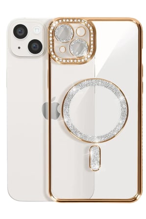Newface Apple iPhone 14 Kılıf Joke Simli Magneticsafe Kılıf - Gold