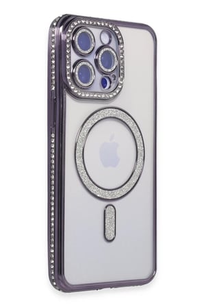 Newface Apple iPhone 15 Pro Kılıf Joke Simli Magneticsafe Kılıf - Derin Mor