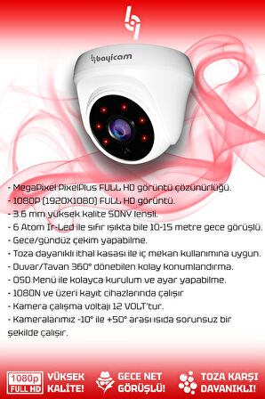 BAYICAM 1 Dome Kamera Dome İç Mekan Full HD Gece Görüşlü Irled Kameralı AHD Güvenlik Kamerası