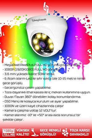 BAYICAM 1 Dome Kamera Dome İç Mekan Full HD Renkli Gece Görüşlü Warmled Kameralı AHD Güvenlik Kamerası