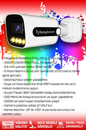 BAYICAM 1 Zebra Kamera Bullet Dış Mekan Full HD Renkli Gece Görüşlü Warmled Kameralı AHD Güvenlik Kamerası