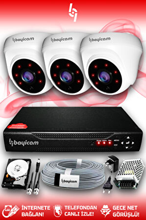 BAYICAM 3 Kameralı Dome 3 İç Kamera Set 2 TB HDD Full HD Gece Görüşlü Güvenlik Kamerası Sistemi
