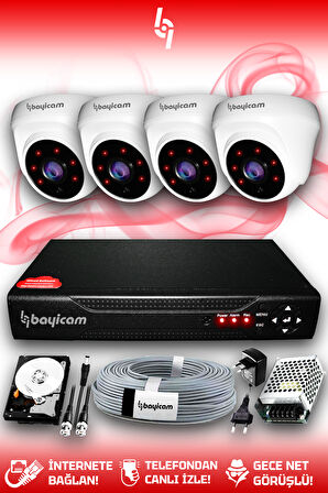 BAYICAM 4 Kameralı Dome 4 İç Kamera Set 2 TB HDD Full HD Gece Görüşlü Güvenlik Kamerası Sistemi