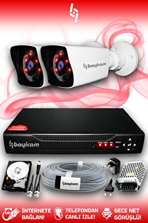 BAYICAM 2 Kameralı Kare 2 Dış Kamera Set 1 TB HDD Full HD Gece Görüşlü Güvenlik Kamerası Sistemi