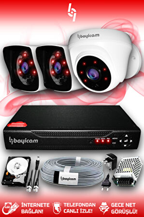 BAYICAM 3 Kameralı Kare 1 İç Kamera Set 320 GB HDD Full HD Gece Görüşlü Güvenlik Kamerası Sistemi