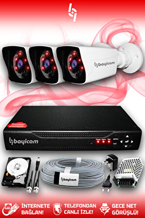 BAYICAM 3 Kameralı Kare 3 Dış Kamera Set 250 GB HDD Full HD Gece Görüşlü Güvenlik Kamerası Sistemi