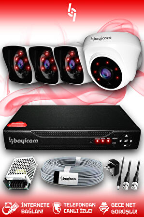 BAYICAM 4 Kameralı Kare 1 İç Kamera Set HDD'siz Full HD Gece Görüşlü Güvenlik Kamerası Sistemi