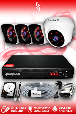 BAYICAM 4 Kameralı Kare 1 İç Kamera Set 2 TB HDD Full HD Gece Görüşlü Güvenlik Kamerası Sistemi