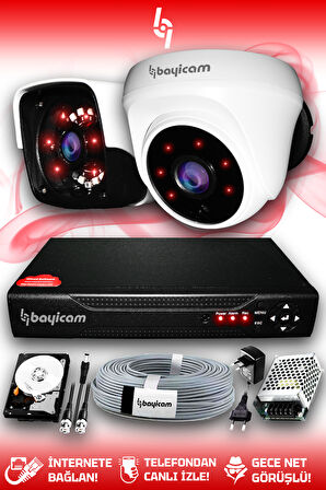 BAYICAM 2 Kameralı Panda 1 İç Kamera Set 500 GB HDD Full HD Gece Görüşlü Güvenlik Kamerası Sistemi