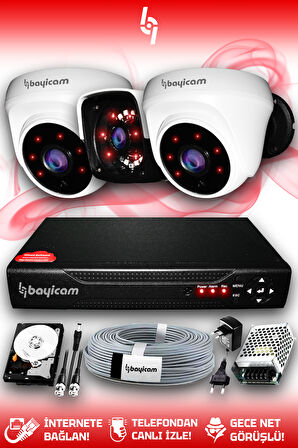 BAYICAM 3 Kameralı Panda 2 İç Kamera Set 1 TB HDD Full HD Gece Görüşlü Güvenlik Kamerası Sistemi