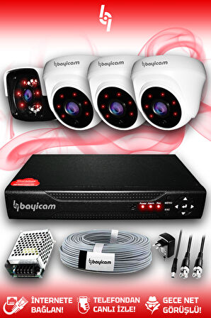 BAYICAM 4 Kameralı Panda 3 İç Kamera Set HDD'siz Full HD Gece Görüşlü Güvenlik Kamerası Sistemi