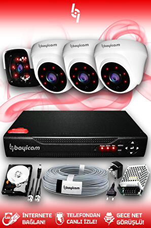 BAYICAM 4 Kameralı Panda 3 İç Kamera Set 100 GB HDD Full HD Gece Görüşlü Güvenlik Kamerası Sistemi