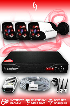 BAYICAM 3 Kameralı Panda 3 Dış Kamera Set HDD'siz Full HD Gece Görüşlü Güvenlik Kamerası Sistemi