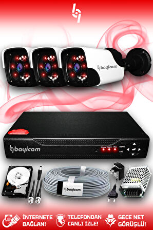 BAYICAM 3 Kameralı Panda 3 Dış Kamera Set 320 GB HDD Full HD Gece Görüşlü Güvenlik Kamerası Sistemi
