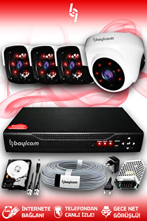 BAYICAM 4 Kameralı Panda 1 İç Kamera Set 1 TB HDD Full HD Gece Görüşlü Güvenlik Kamerası Sistemi