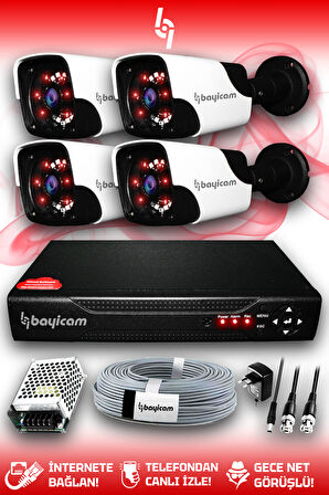 BAYICAM 4 Kameralı Panda 4 Dış Kamera Set HDD'siz Full HD Gece Görüşlü Güvenlik Kamerası Sistemi