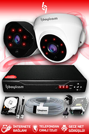 BAYICAM 2 Kameralı Uzay 1 İç Kamera Set 500 GB HDD Full HD Gece Görüşlü Güvenlik Kamerası Sistemi