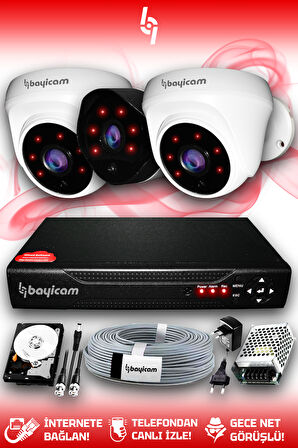 BAYICAM 3 Kameralı Uzay 2 İç Kamera Set 100 GB HDD Full HD Gece Görüşlü Güvenlik Kamerası Sistemi