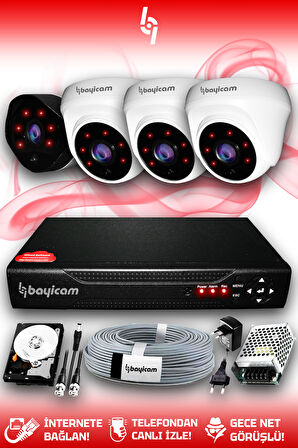 BAYICAM 4 Kameralı Uzay 3 İç Kamera Set 2 TB HDD Full HD Gece Görüşlü Güvenlik Kamerası Sistemi
