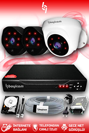 BAYICAM 3 Kameralı Uzay 1 İç Kamera Set 2 TB HDD Full HD Gece Görüşlü Güvenlik Kamerası Sistemi