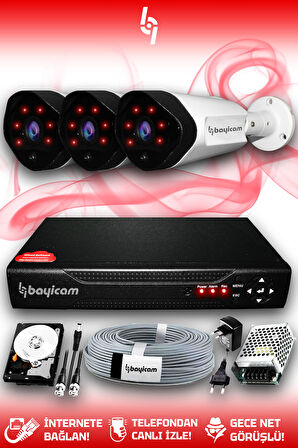 BAYICAM 3 Kameralı Uzay 3 Dış Kamera Set 1 TB HDD Full HD Gece Görüşlü Güvenlik Kamerası Sistemi