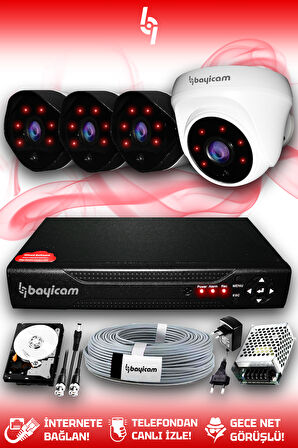 BAYICAM 4 Kameralı Uzay 1 İç Kamera Set 1 TB HDD Full HD Gece Görüşlü Güvenlik Kamerası Sistemi