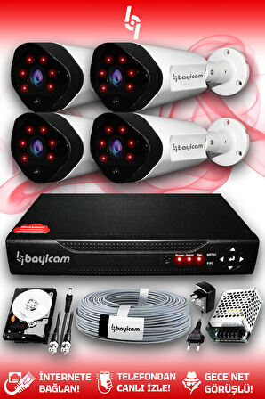 BAYICAM 4 Kameralı Uzay 4 Dış Kamera Set 500 GB HDD Full HD Gece Görüşlü Güvenlik Kamerası Sistemi