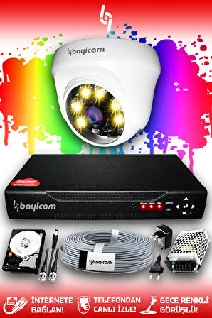BAYICAM 1 Kameralı Dome 1 İç Kamera Set 1 TB HDD Full HD Renkli Gece Görüşlü Güvenlik Kamerası Sistemi
