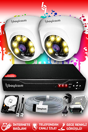 BAYICAM 2 Kameralı Dome 2 İç Kamera Set 1 TB HDD Full HD Renkli Gece Görüşlü Güvenlik Kamerası Sistemi