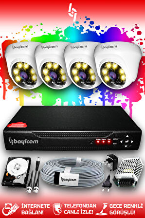 BAYICAM 4 Kameralı Dome 4 İç Kamera Set 2 TB HDD Full HD Renkli Gece Görüşlü Güvenlik Kamerası Sistemi