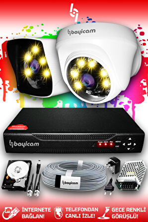 BAYICAM 2 Kameralı Kare 1 İç Kamera Set 1 TB HDD Full HD Renkli Gece Görüşlü Güvenlik Kamerası Sistemi