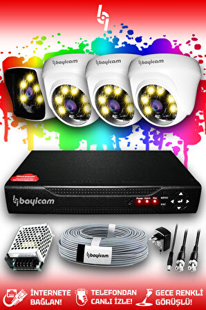 BAYICAM 4 Kameralı Kare 3 İç Kamera Set HDD'siz Full HD Renkli Gece Görüşlü Güvenlik Kamerası Sistemi